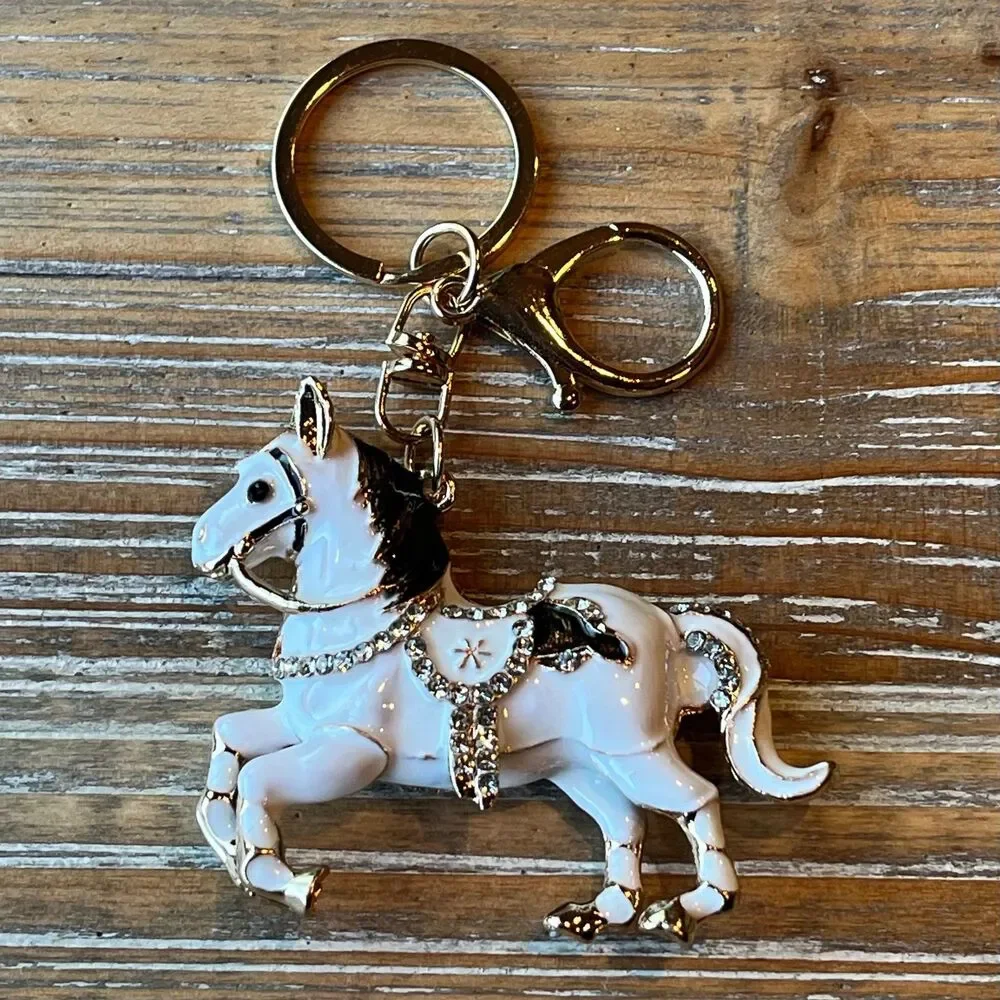 Bling White Rhinestone Horse Keychain Purse Charm
